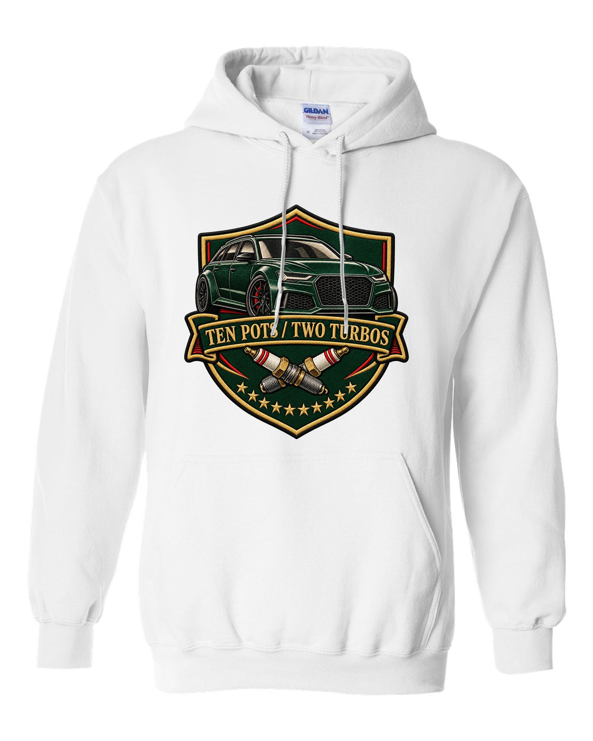 Varsity-style crest design of the Audi RS6 Avant C6 4F with ten pots two turbos lettering white pull over hoodie front view with the design