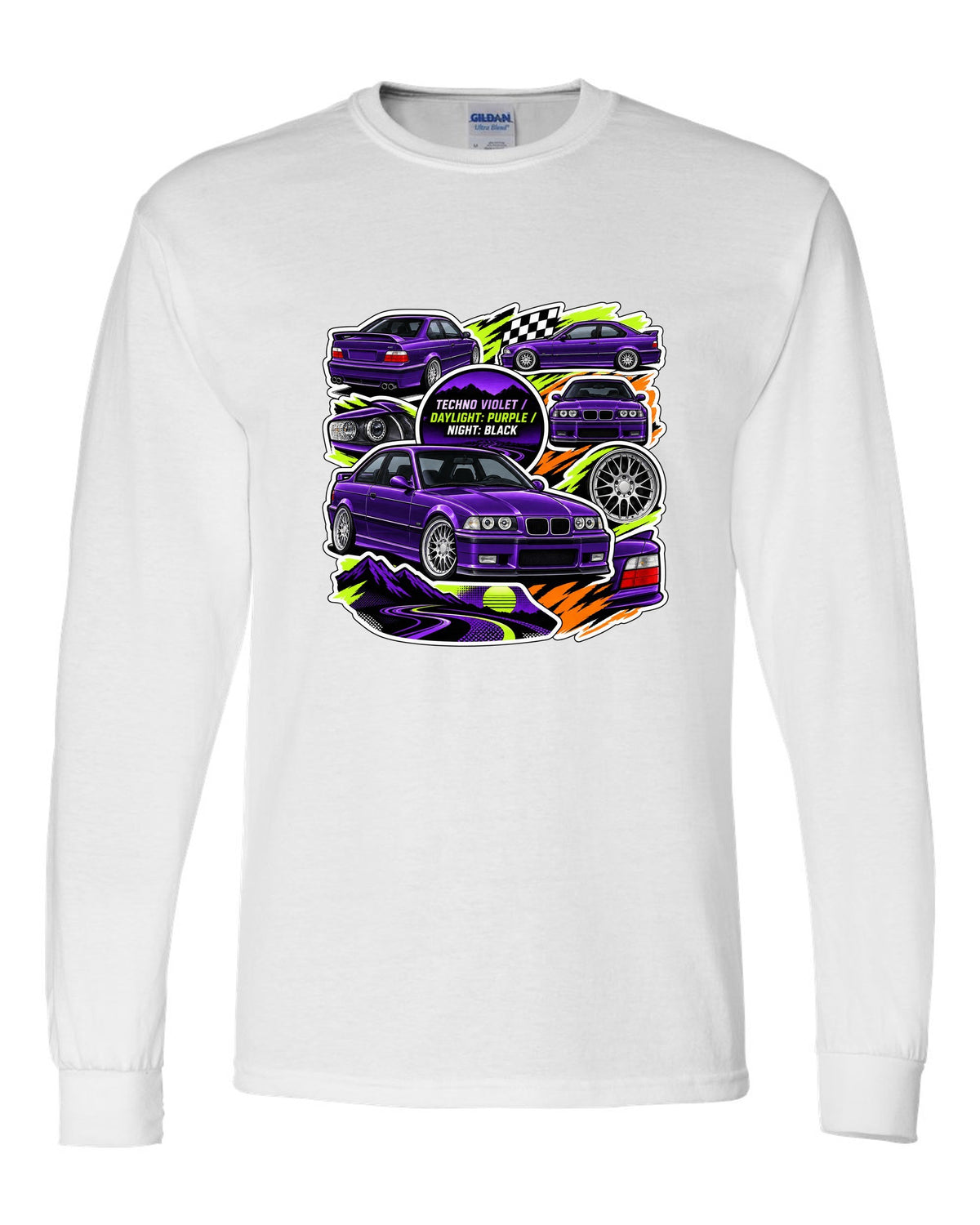 Sticker bomb collage print of a Techno Violet BMW E36 M3 with daylight purple night black text white long sleeve front view with the design