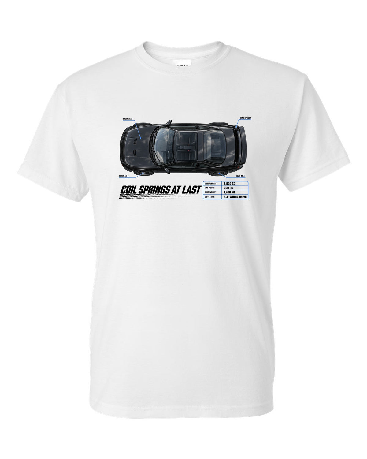 Top-down spec poster print of a Porsche 911 Carrera 4 (964) with the headline Coil Springs At Last white t-shirt front view with the design