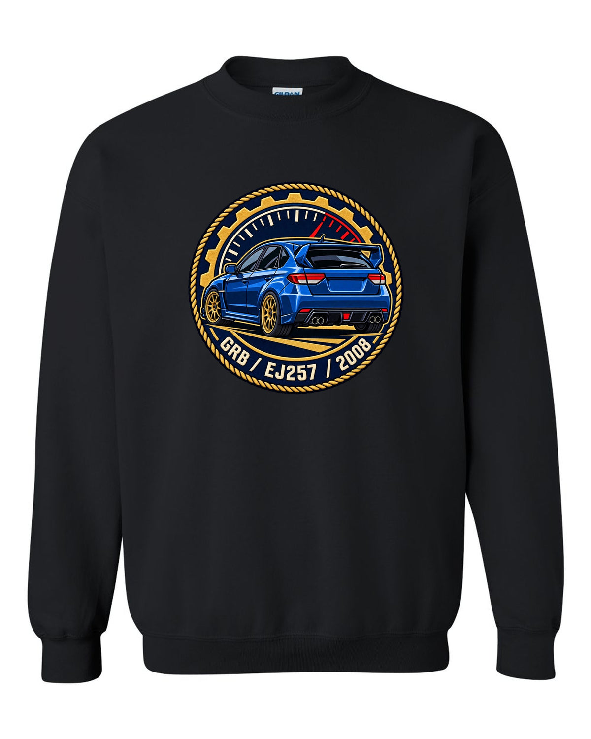 Subaru Impreza WRX STI GRB chback varsity crest print, GRB / EJ257 / 2008 black crewneck front view with the design