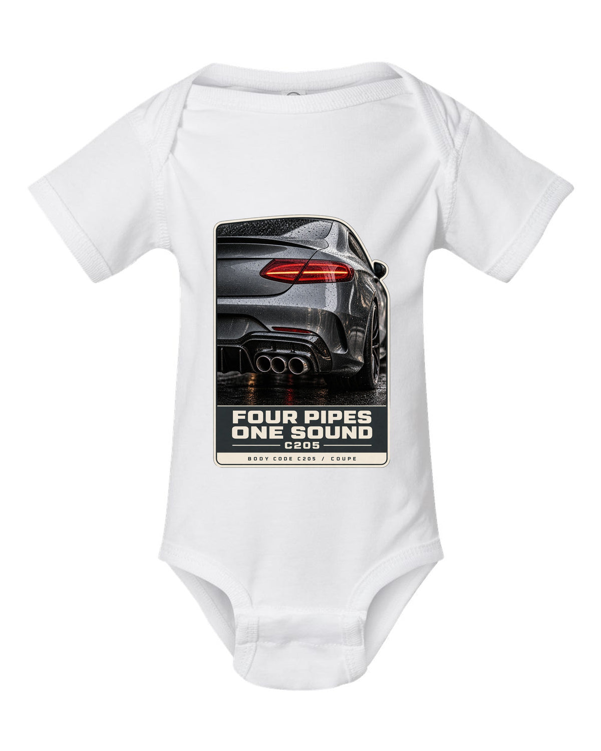Mercedes-AMG C63 Coupe C205 rear taillight and four-pipe exhaust macro white baby onesie front view with the design