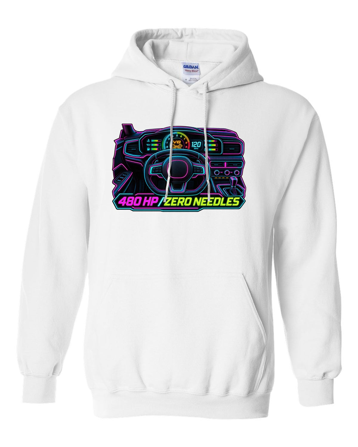 Neon gauge-cluster HUD print of a Ford Mustang S650 GT 2024 with 480 HP text white pull over hoodie front view with the design