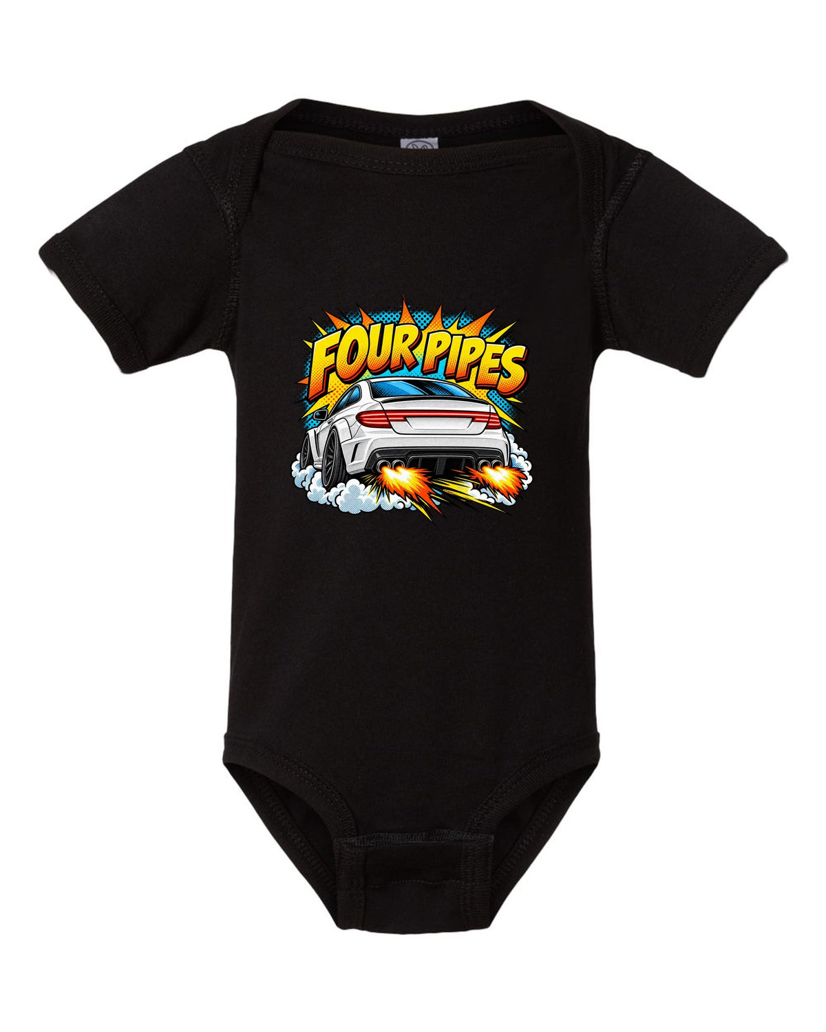 Comic halftone pop-art of the exhaust end of a Mercedes C63 Coupe C204 black baby onesie front view with the design
