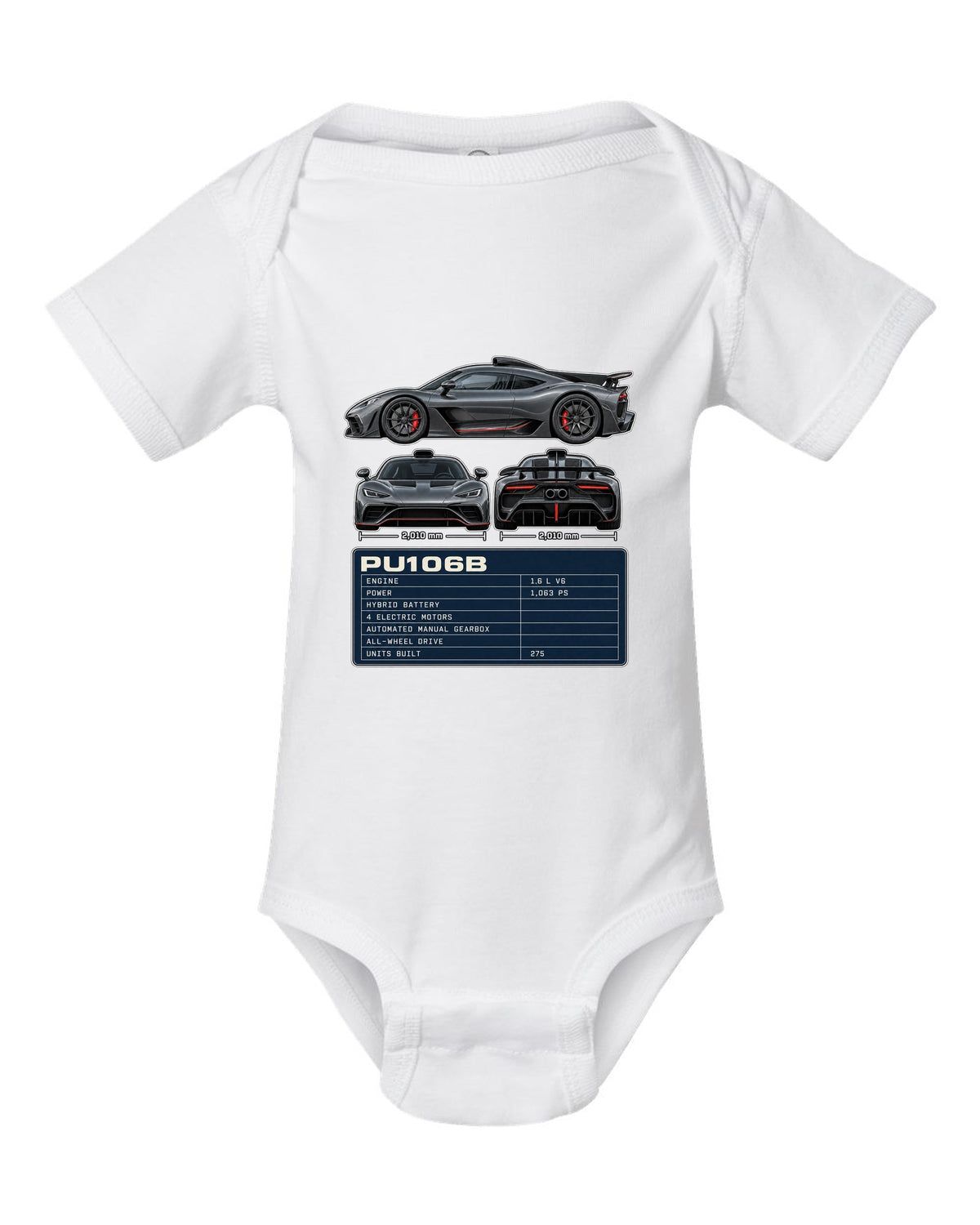 Mercedes-AMG One three-view drawing with PU106B spec table white baby onesie front view with the design