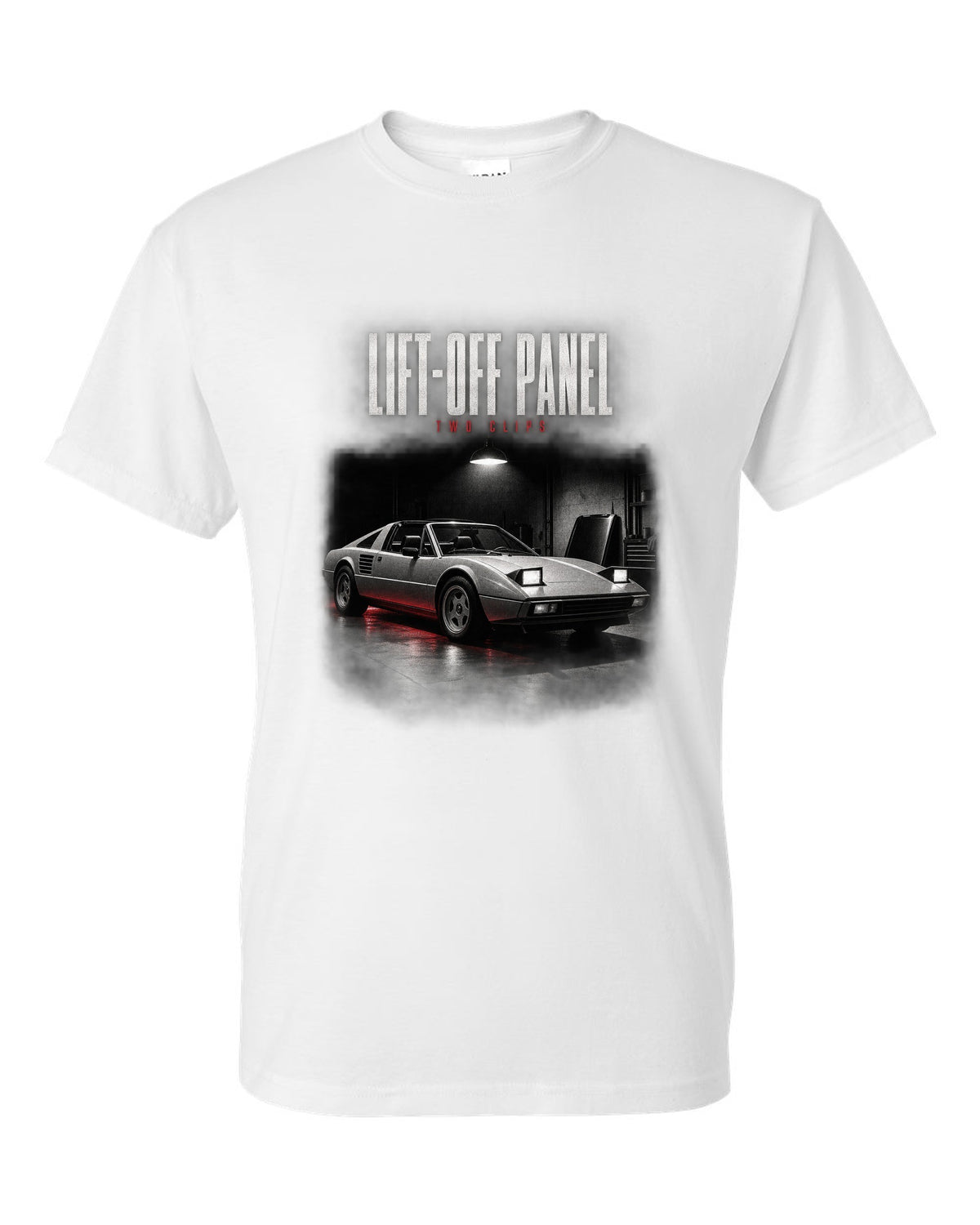 Ferrari 308 GTS 1977 targa garage night print, lift-off panel, two clips white t-shirt front view with the design