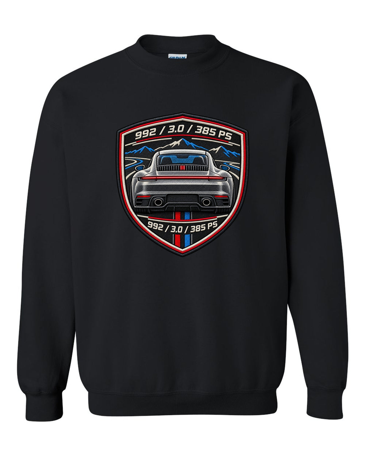 Round crest print of a Porsche 911 992 with the text 992, 3.0 and 385 PS black crewneck front view with the design