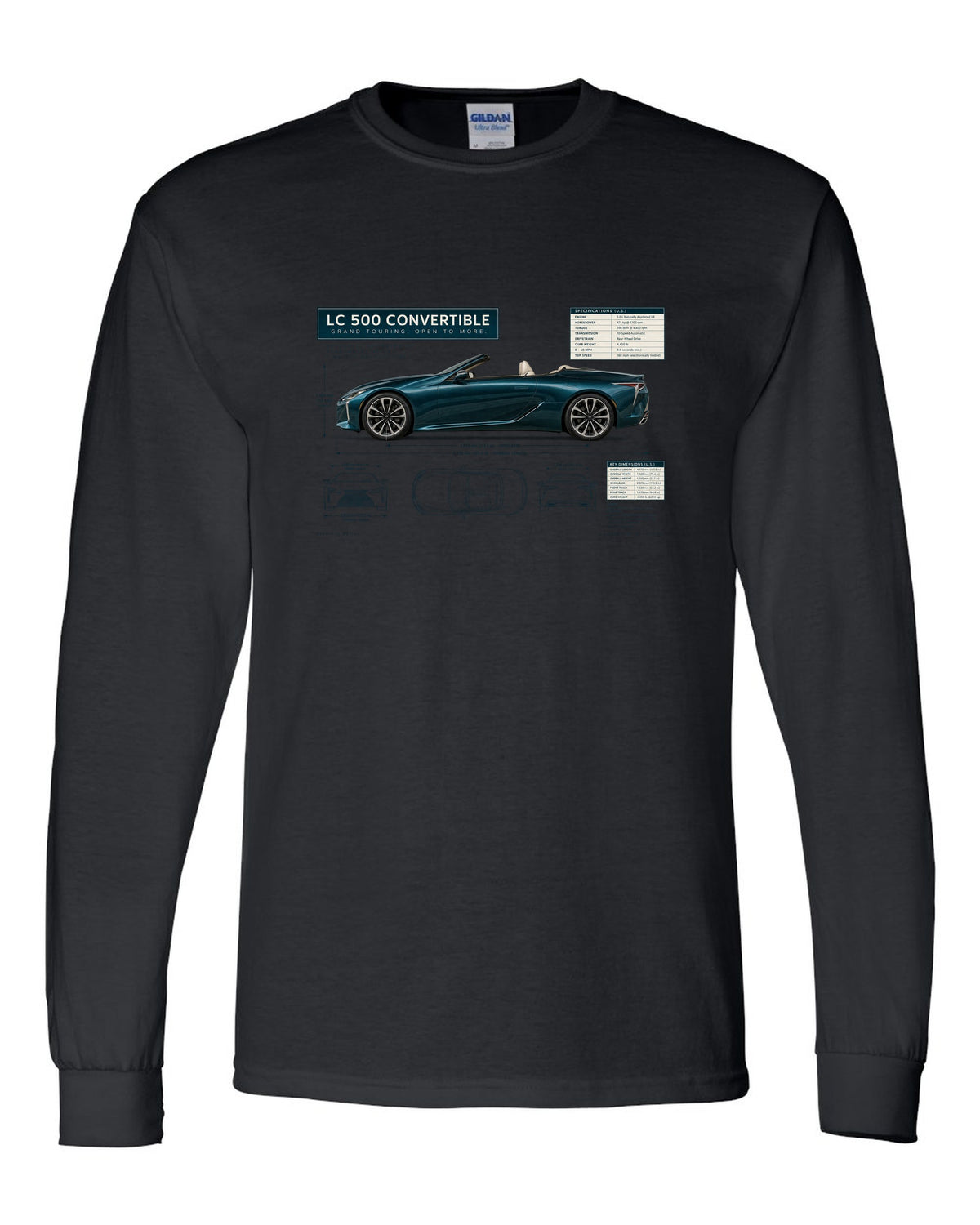 Dimension blueprint of the Lexus RC F with engine code and power figure black long sleeve front view with the design
