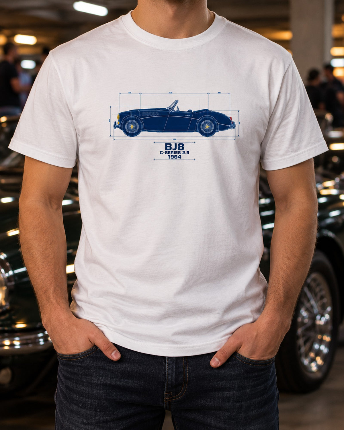 Austin-Healey 3000 Mk III BJ8 Blueprint Tee, Big Healey T-Shirt White worn hero