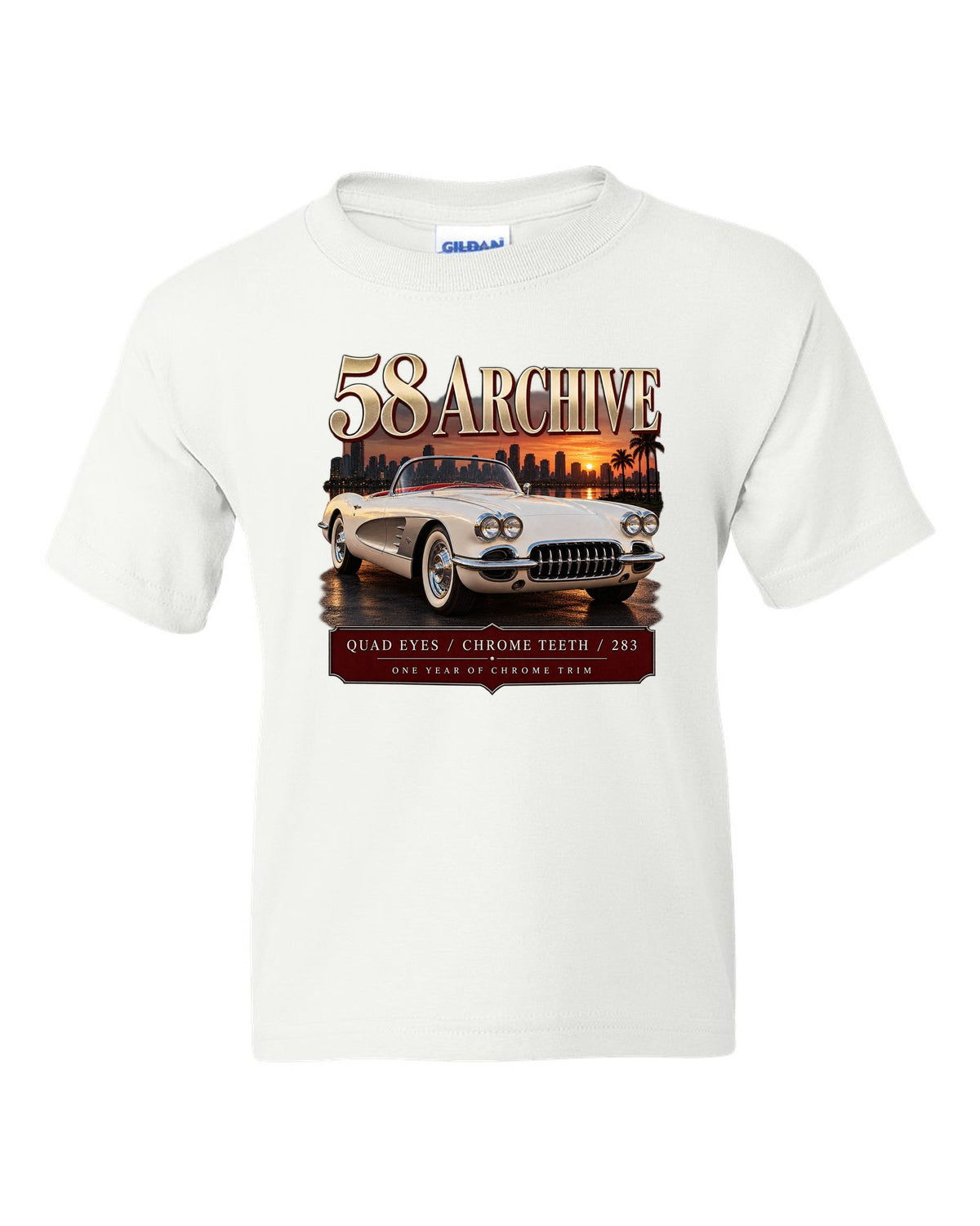 Chevrolet Corvette C1 1958 convertible archive panel print with quad headlights white kids tee front view with the design