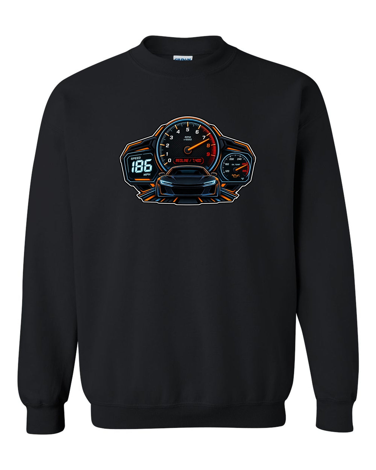 Gauge cluster HUD illustration for a Toyota GR86 ZN8 with Redline 7,400 lettering black crewneck front view with the design