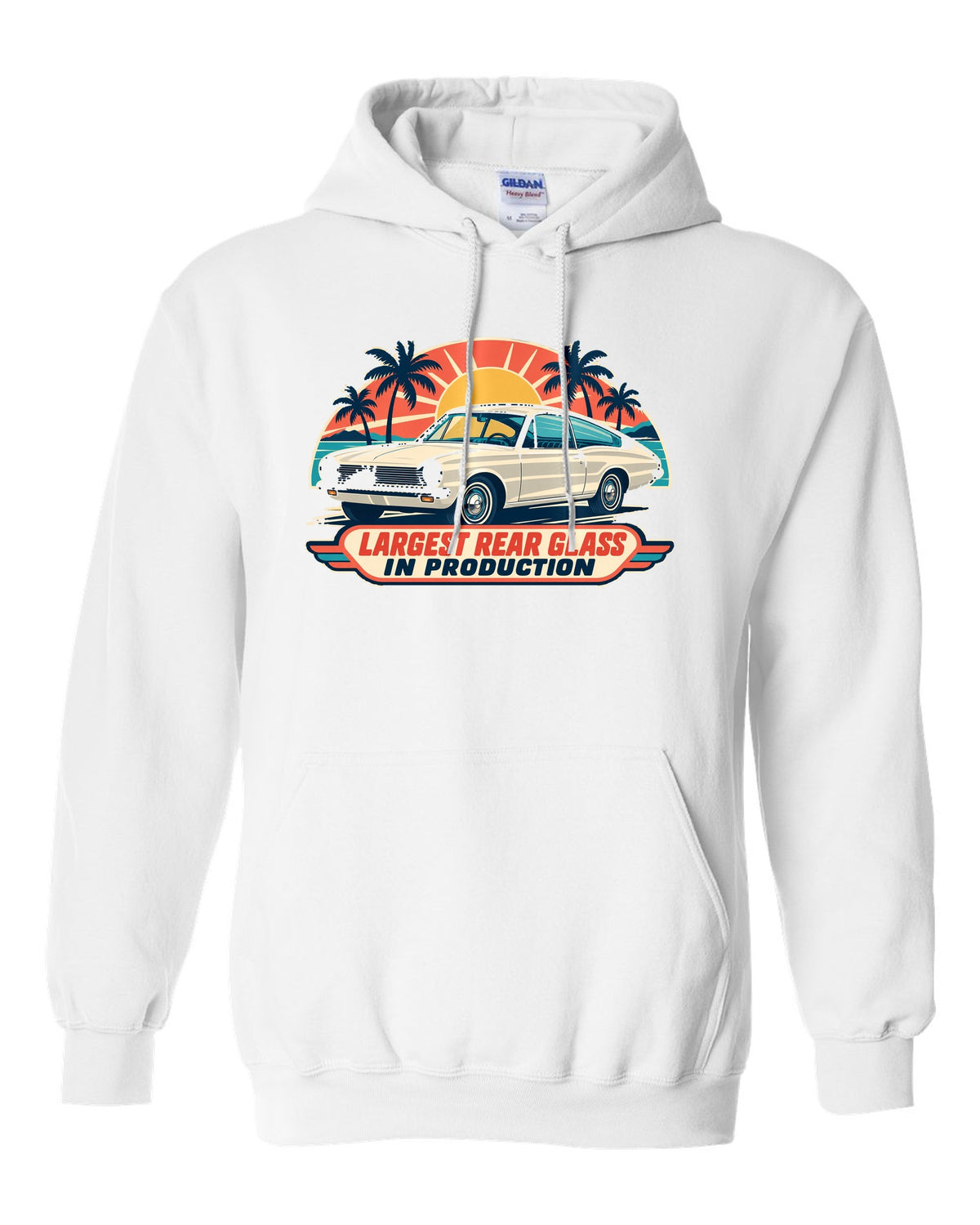 Mid-century travel poster print of a 1965 Plymouth Barracuda fastback white pull over hoodie front view with the design