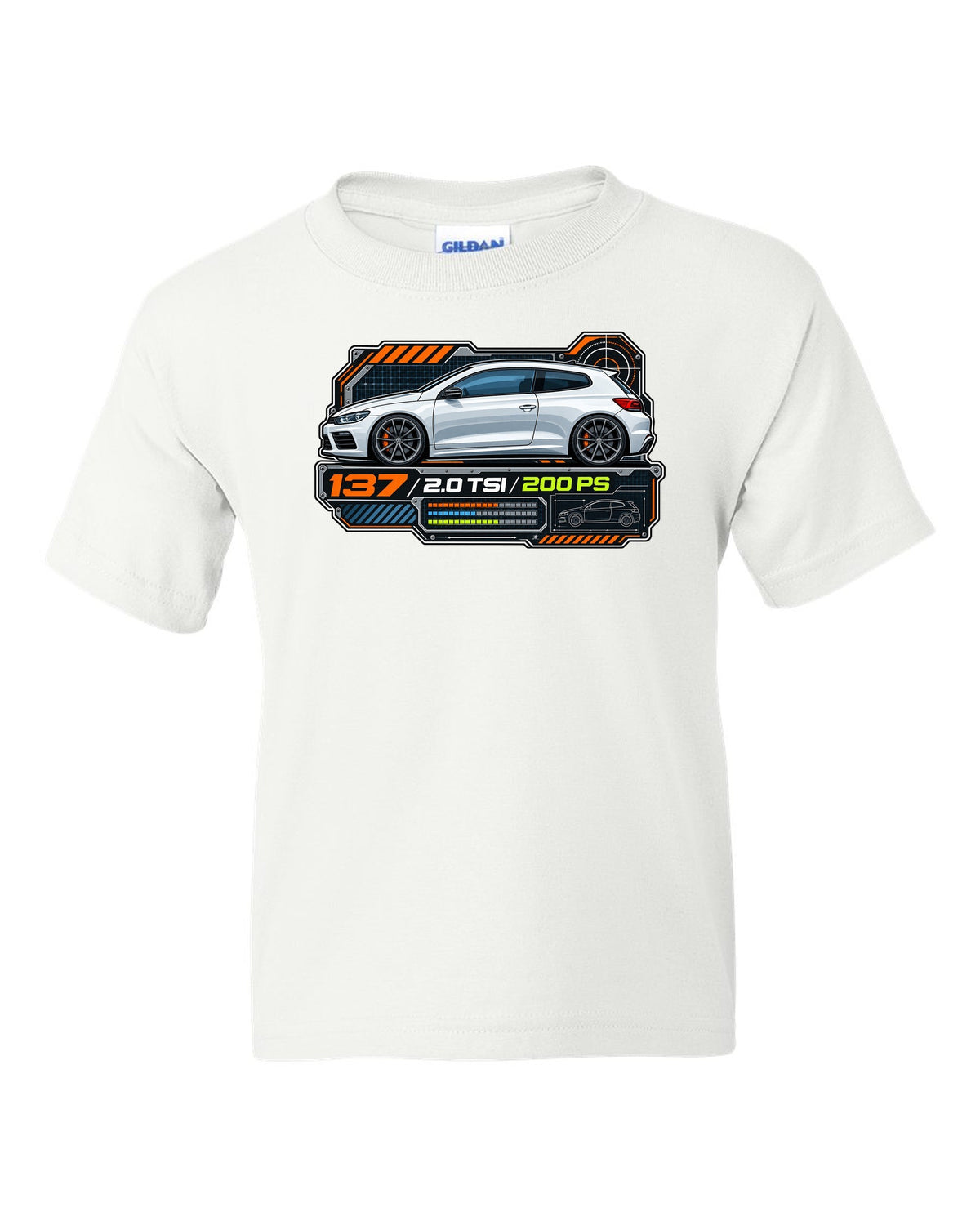 Spec-sheet data plate print of a VW Scirocco Mk3 with 137 2.0 TSI 200 PS text white kids tee front view with the design