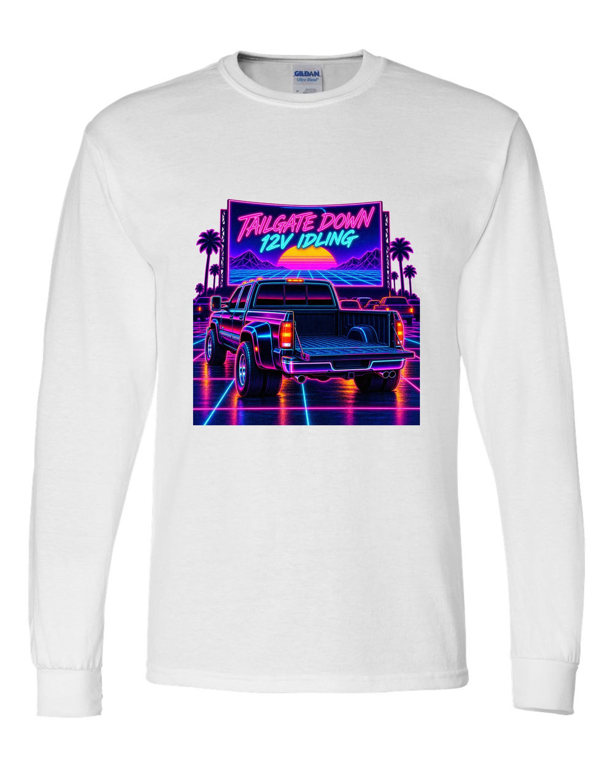 Neon synthwave drive-in print of a 1994-1998 Dodge Ram 2500 12V Cummins with tailgate down white long sleeve front view with the design