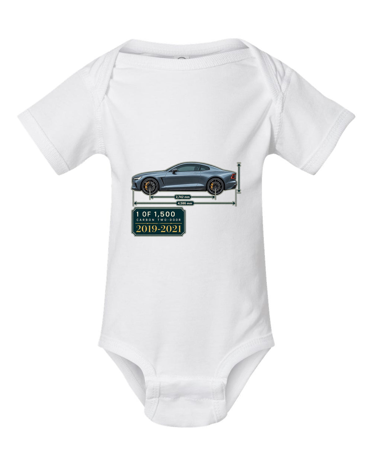 Polestar 1 archive panel print showing 1 of 1,500 carbon two-door white baby onesie front view with the design