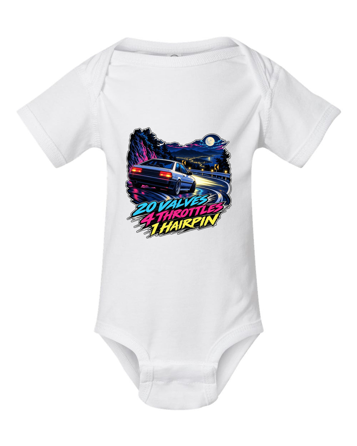 Cel-shaded 90s anime night touge scene of a Toyota Corolla AE101 with valves and throttles lettering white baby onesie front view with the design
