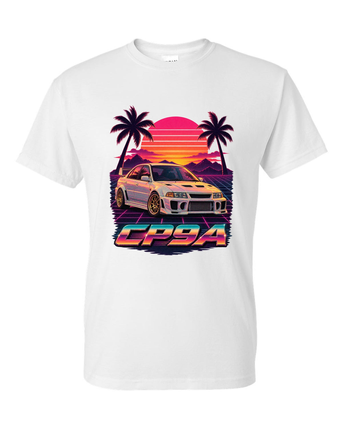 Synthwave sunset poster of a Mitsubishi Lancer Evolution V CP9A with palm trees white t-shirt front view with the design