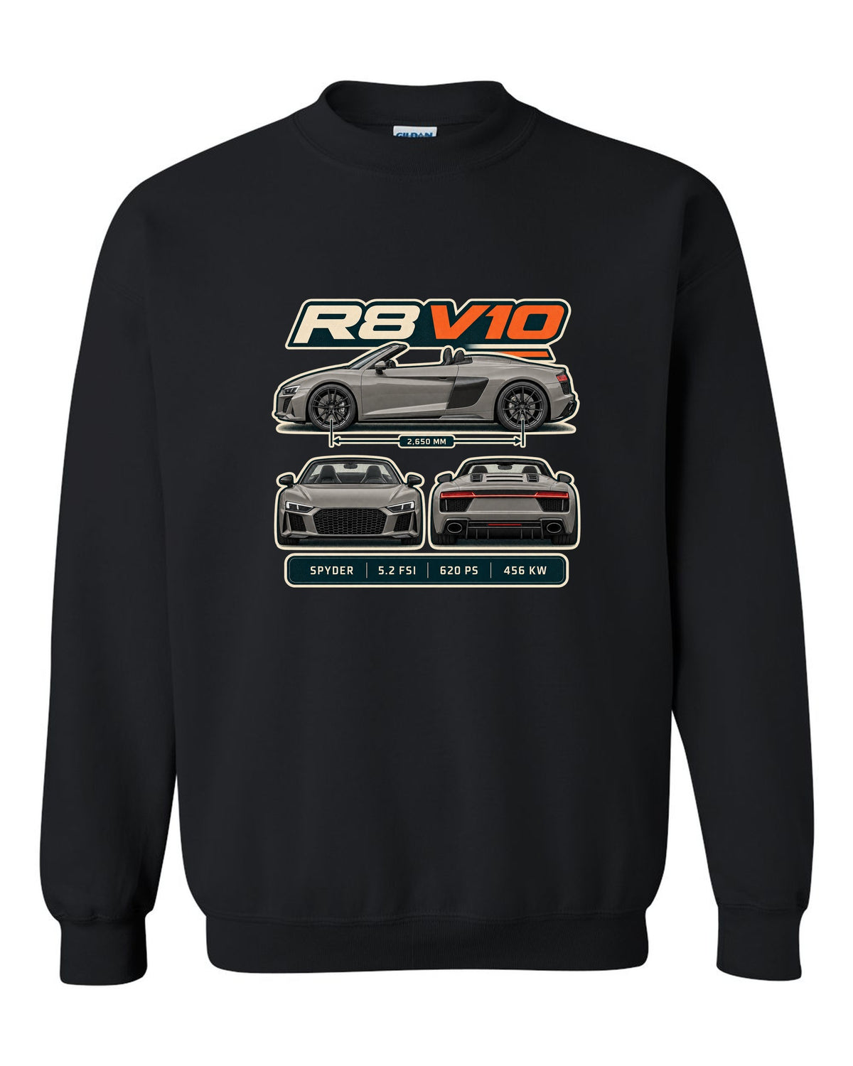 Audi R8 Spyder V10 performance three-view spec table print design black crewneck front view with the design