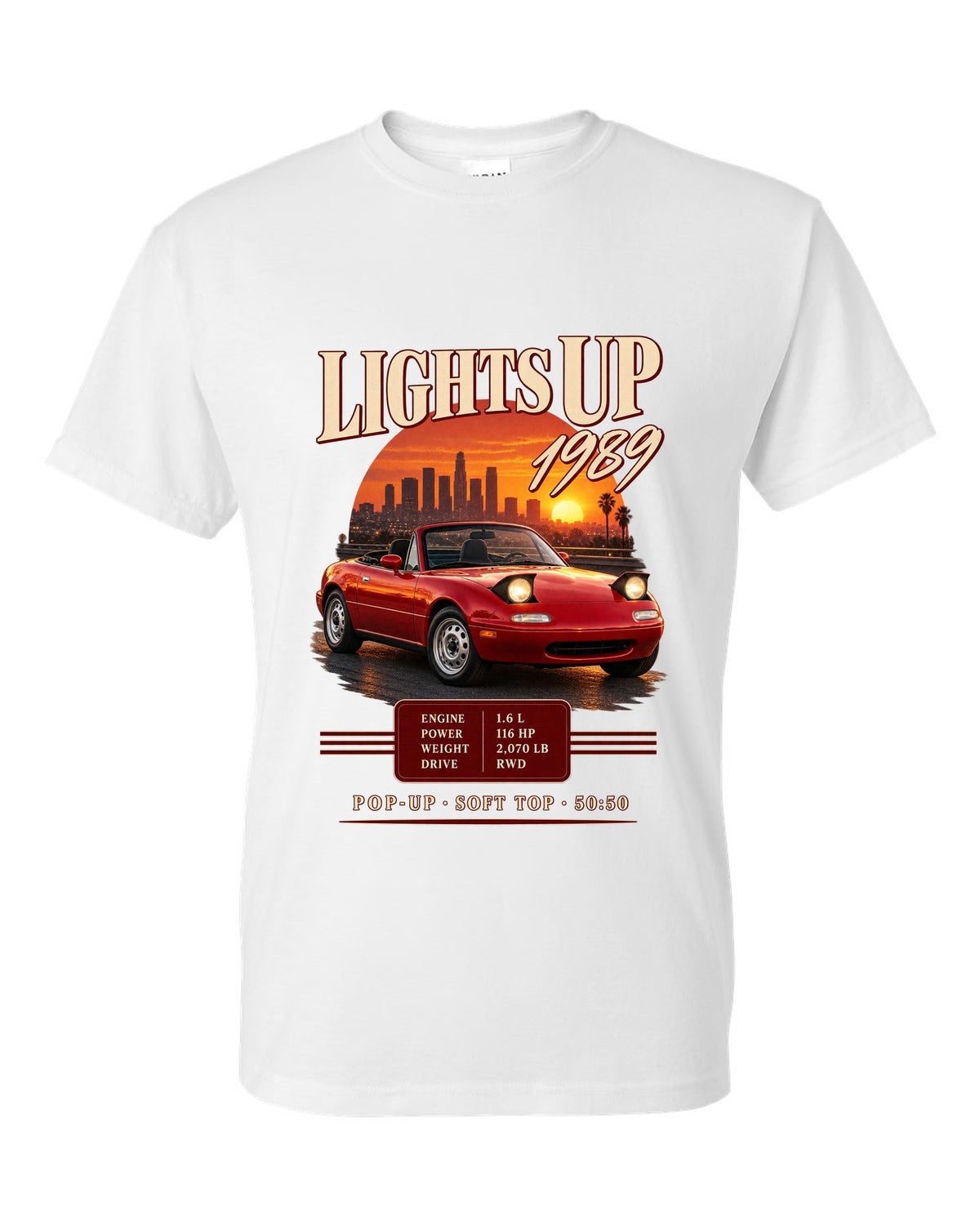 Archive panel print for the 1989 Mazda MX-5 NA with 116 HP, 2,070 lb and pop-up headlight specs white t-shirt front view with the design