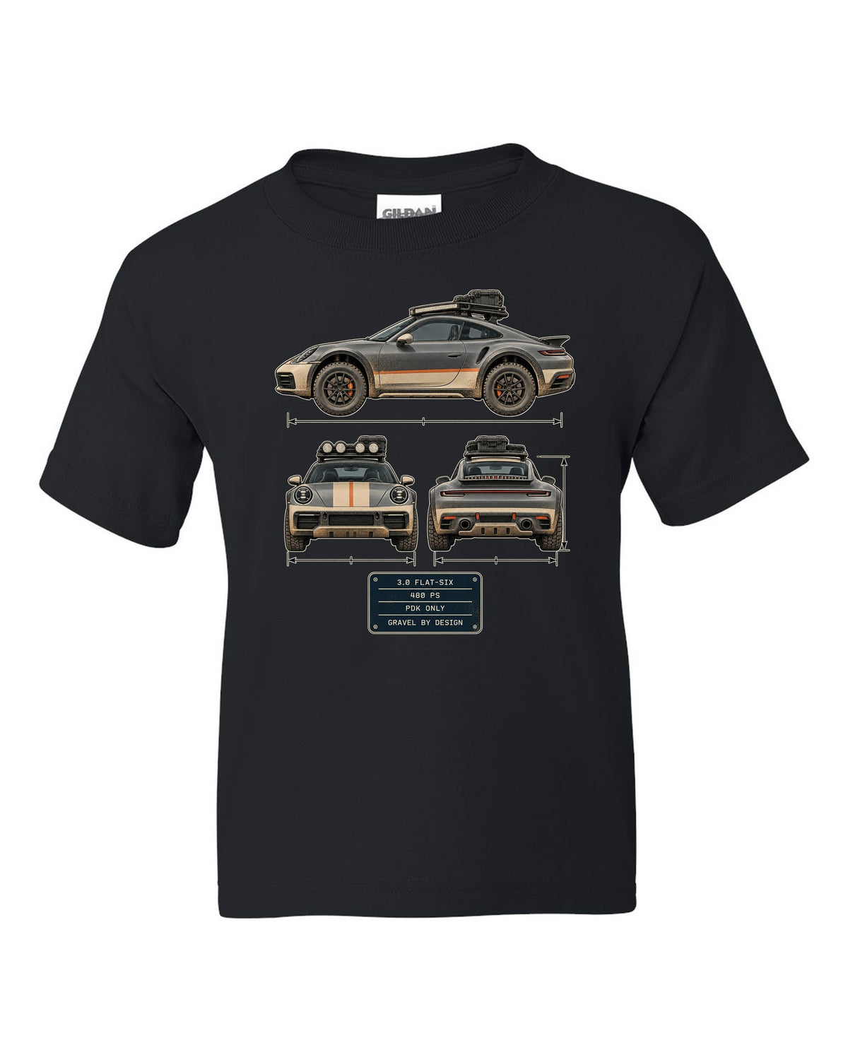 Three-view and spec table print of a Porsche 911 Dakar 992 black kids tee front view with the design