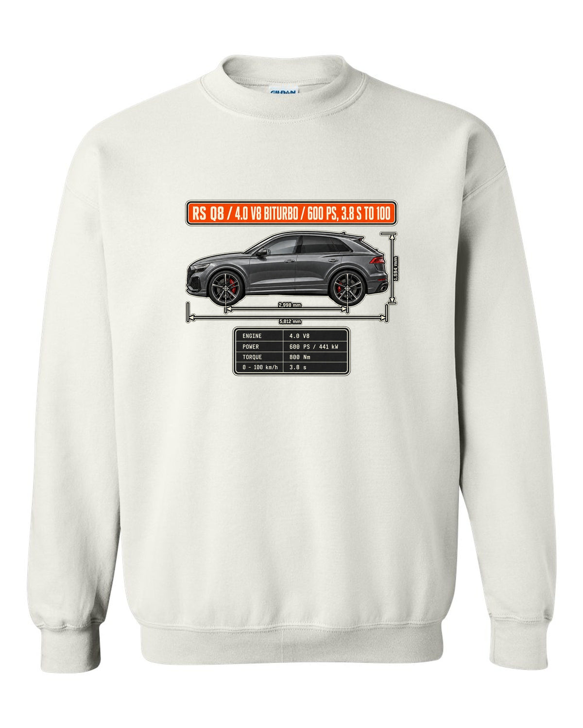 Audi RS Q8 dimension blueprint print with V8 biturbo specs white crewneck front view with the design