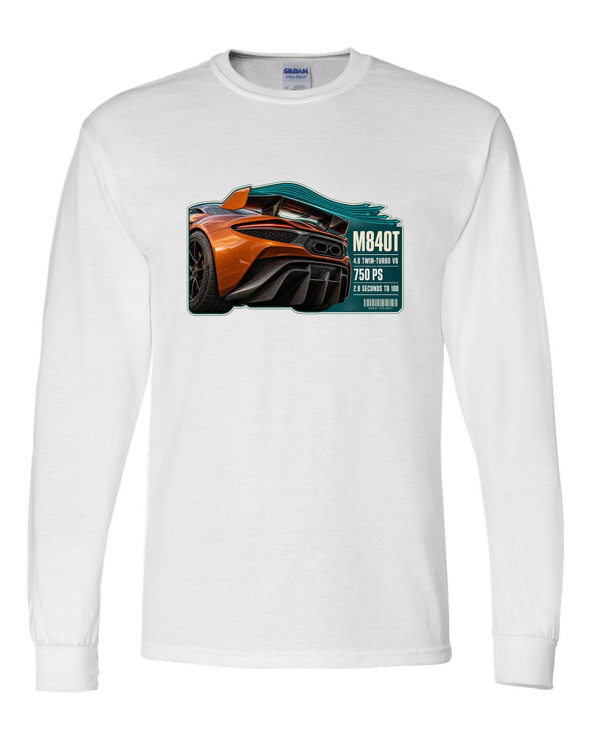 print taillight close-up of a McLaren 750S in burnt orange white long sleeve front view with the design