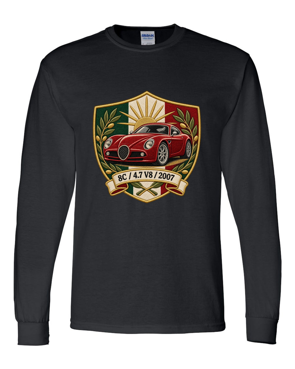 Embroidery style varsity crest for an Alfa Romeo 8C Competizione with 4.7 V8 and 2007 black long sleeve front view with the design