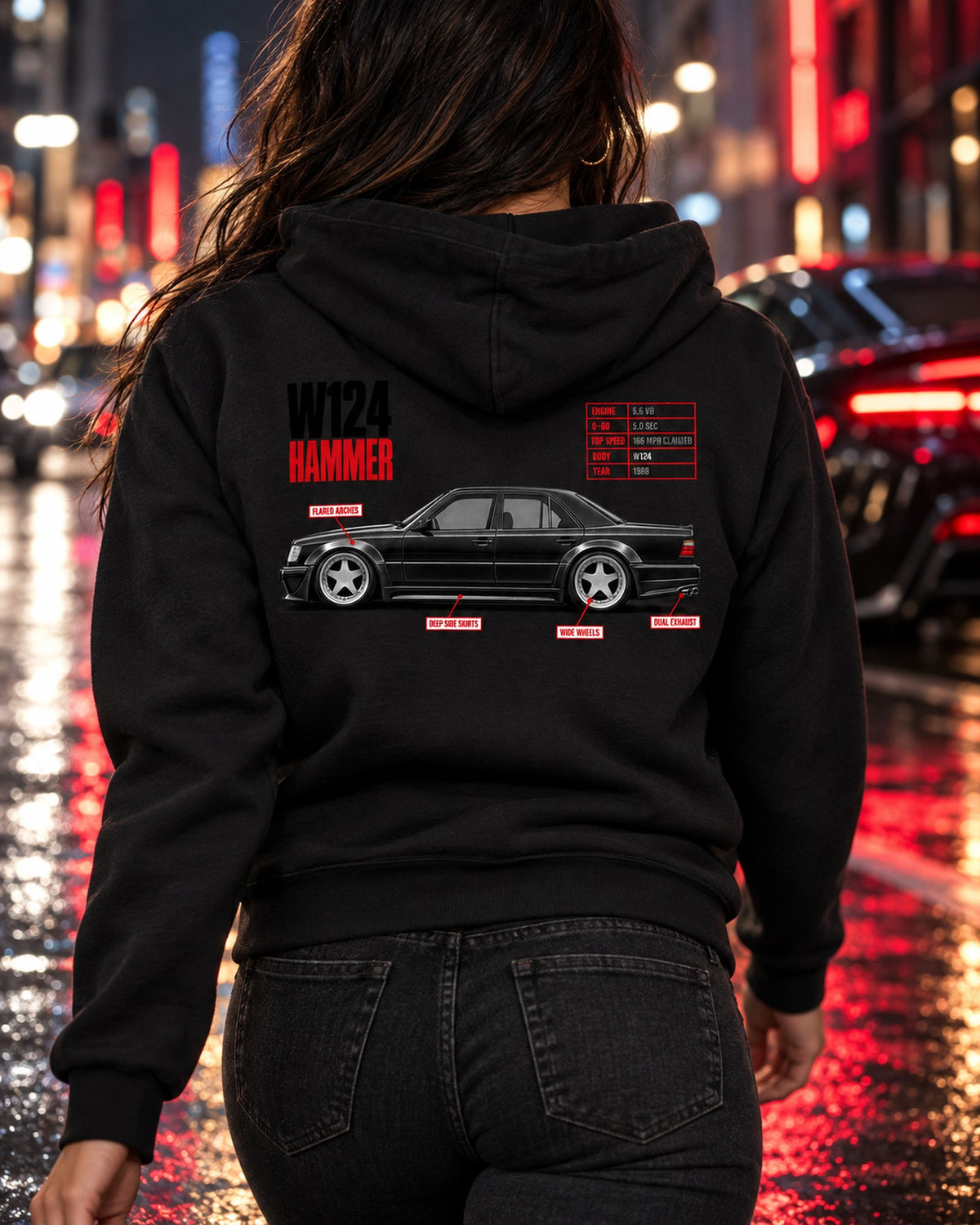 Mercedes W124 Hammer 5.6 V8 Spec Poster Shirt, 1988 Zip Hoodie Black worn hero