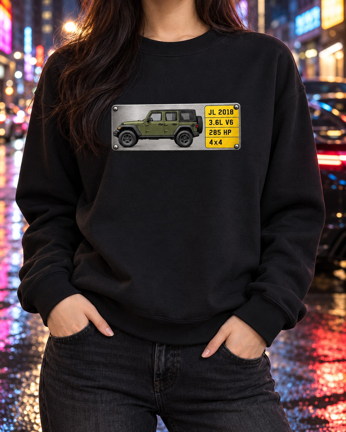 Jeep Wrangler JL Unlimited 3.6L V6 285 HP Spec Plate Tee Crewneck Black worn hero