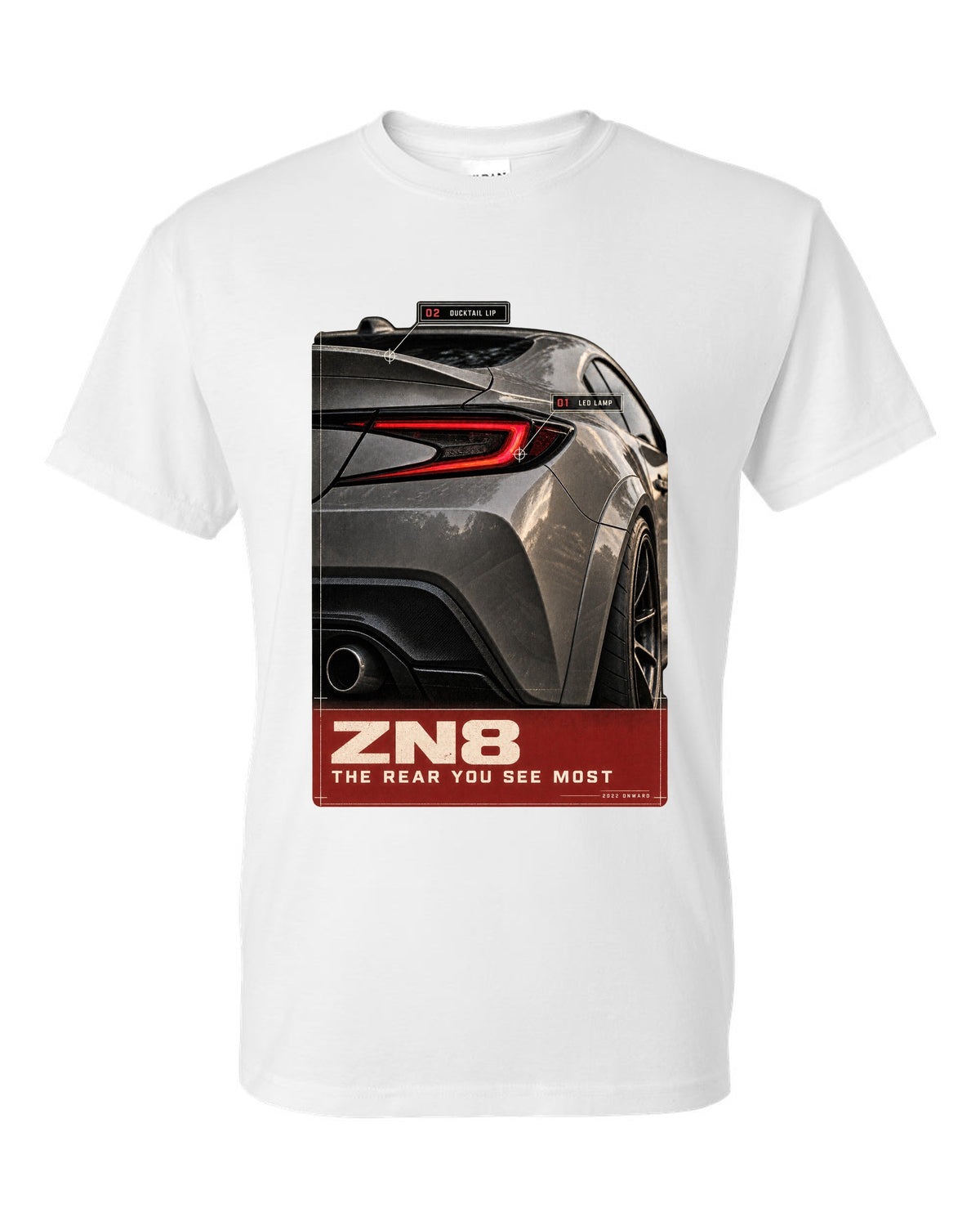 Macro poster-style print of the rear lamp on a Toyota GR86 ZN8 white t-shirt front view with the design