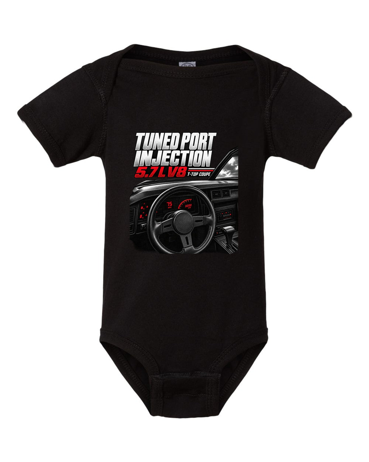 Cockpit and gauge cluster print of a 1988 Chevrolet Camaro IROC-Z with 5.7 L V8 text black baby onesie front view with the design