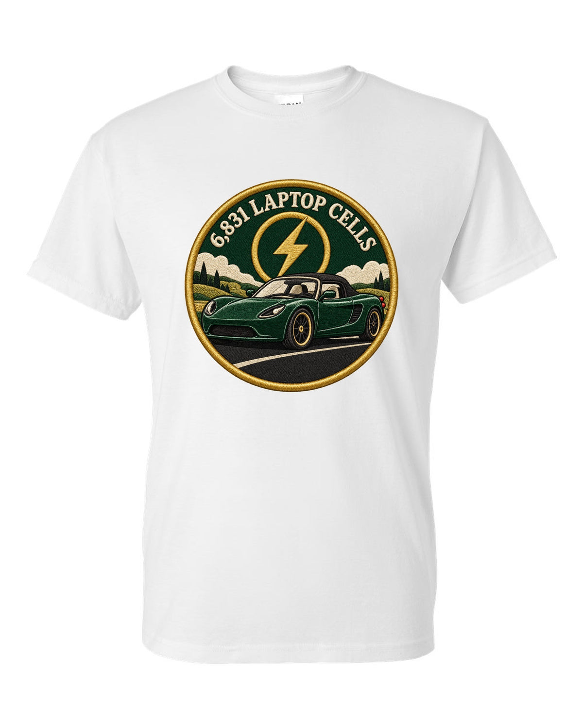Round crest print of a Tesla Roadster Gen 1 reading 6,831 Laptop Cells white t-shirt front view with the design