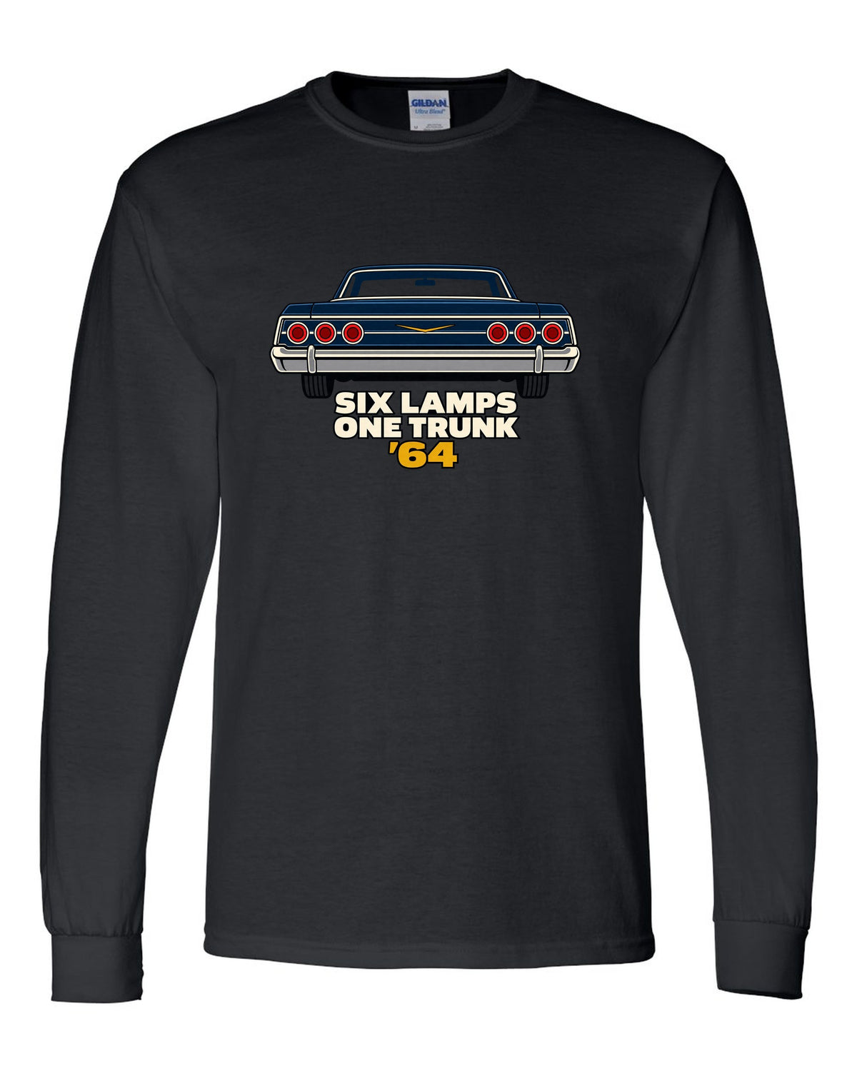 1964 Chevrolet Impala rear in minimal geometric vector style with text Six Lamps One Trunk '64 black long sleeve front view with the design
