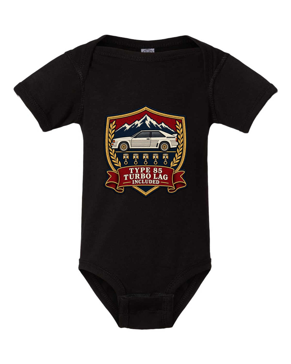 Varsity shield crest print of an Audi Ur-Quattro Type 85 with Turbo Lag Included text black baby onesie front view with the design