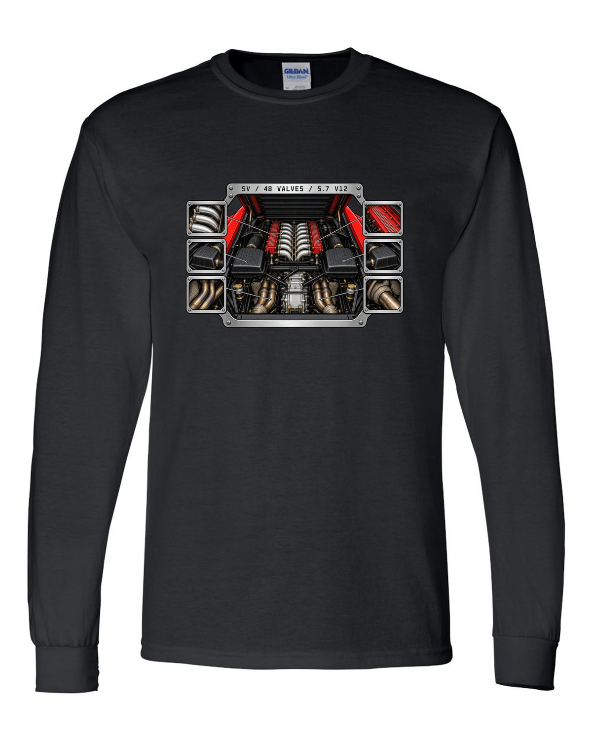 Spec-sheet data plate for a 1995 Lamborghini Diablo SV with 48 valves and 5.7 V12 black long sleeve front view with the design