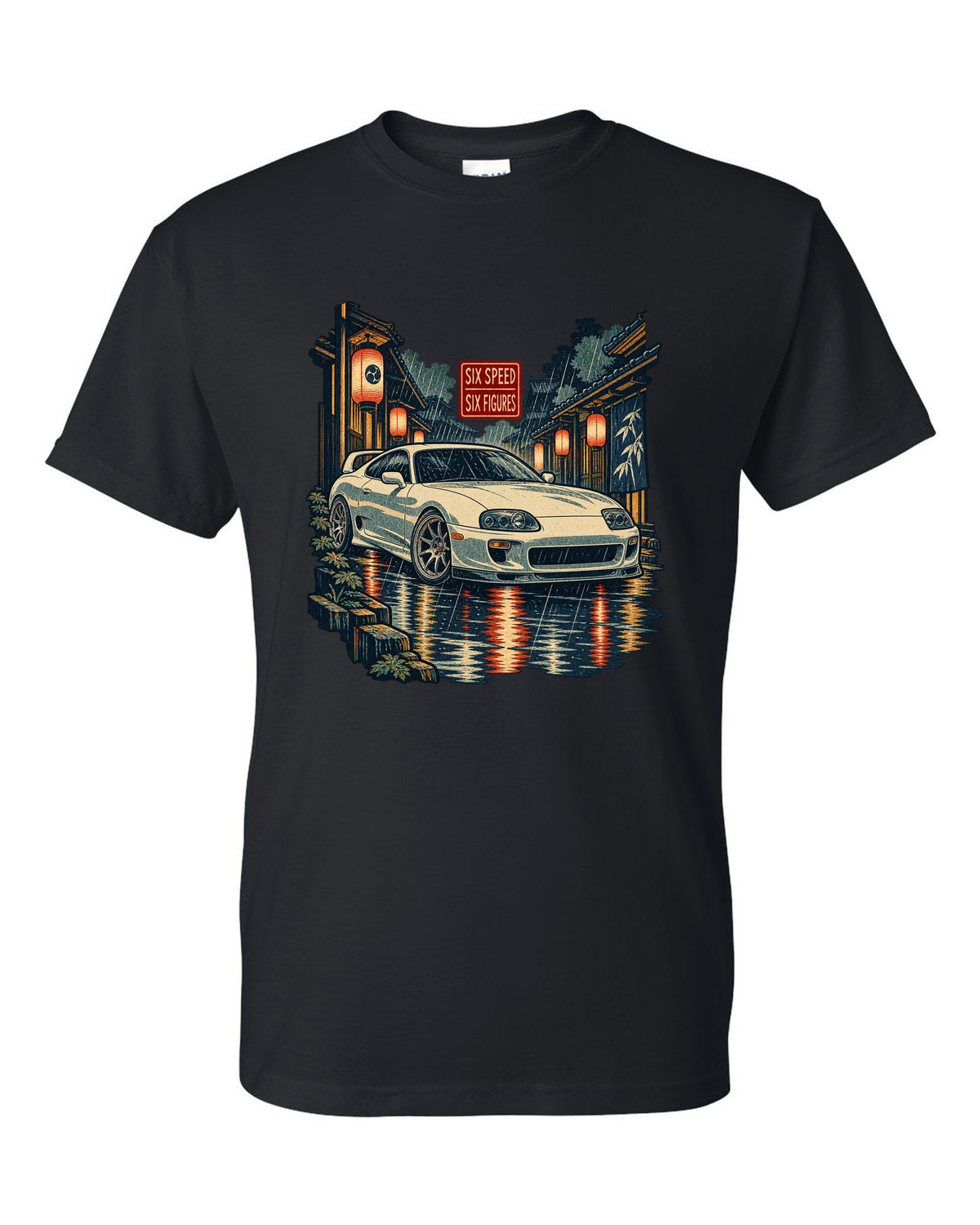 Ukiyo-e woodblock scene of a Toyota Supra A80 JZA80 in lantern rain with six speed six figures text black t-shirt front view with the design