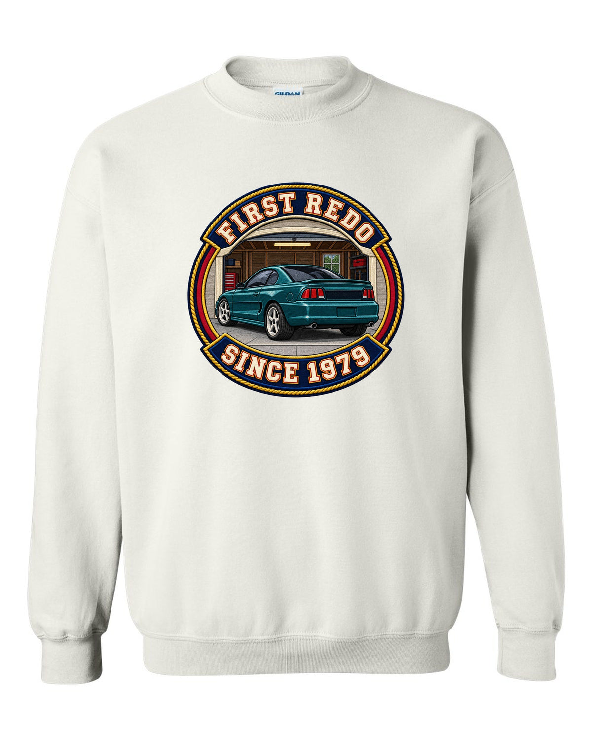 Embroidery-style varsity crest print for a 1994-98 Ford Mustang SN95 white crewneck front view with the design