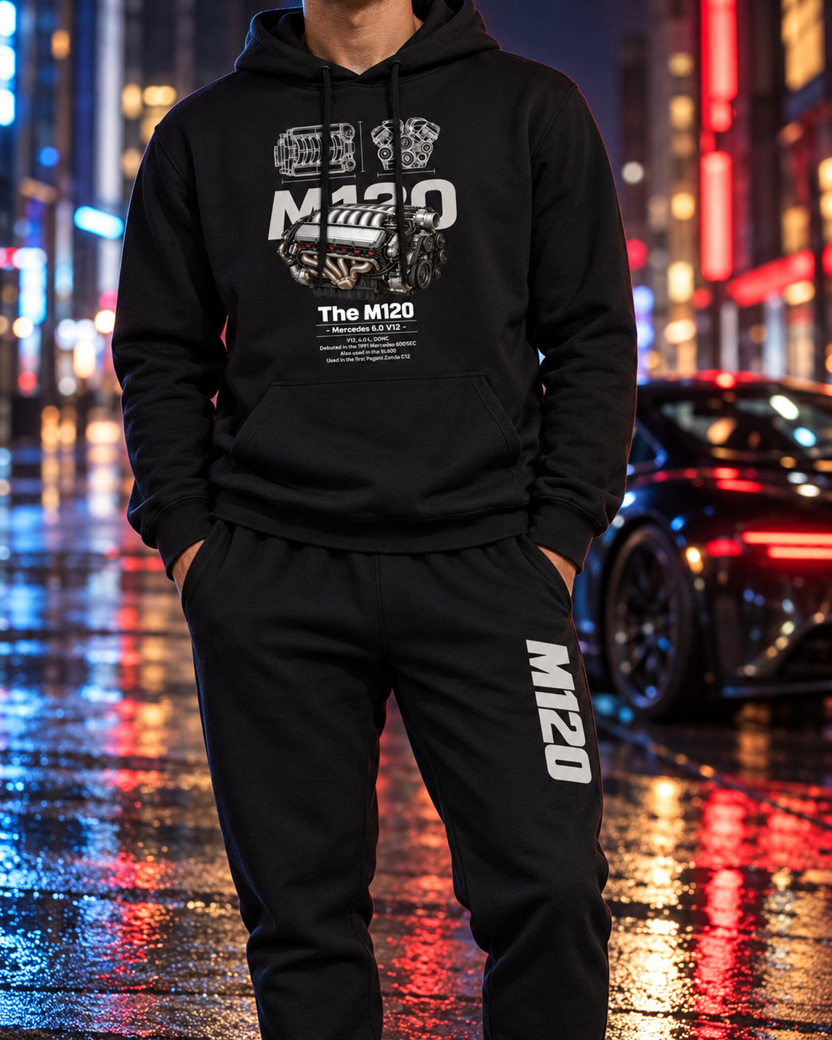 Mercedes M120 Engine Hoodie + Jogger Set Black worn hero