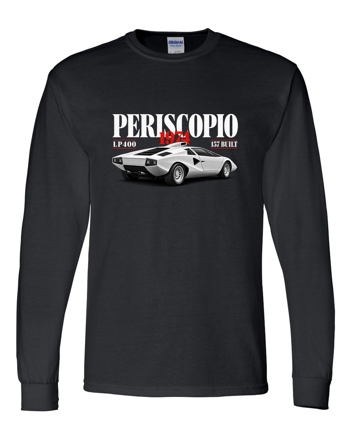 Editorial print of a Lamborghini Countach LP400 with periscopio and 157 built text black long sleeve front view with the design