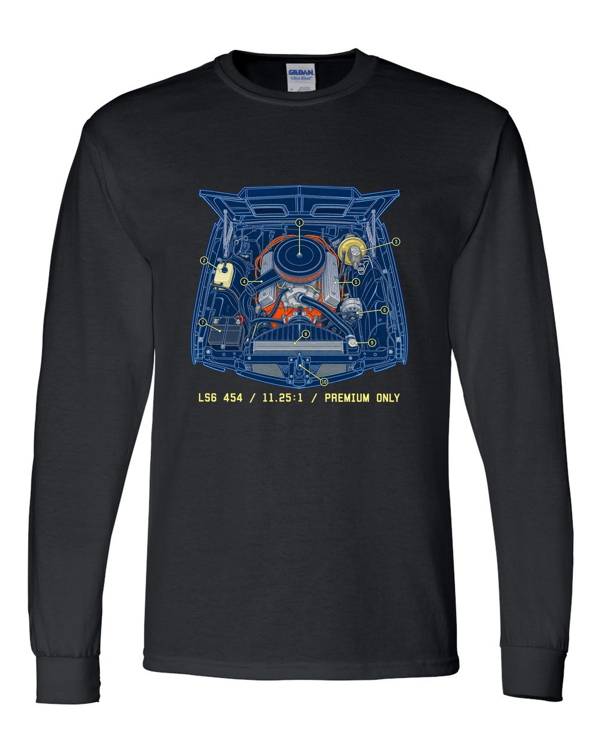Blueprint line art print of a 1970 Chevelle SS 454 engine bay with the text LS6 454, 11.25:1, Premium Only black long sleeve front view with the design
