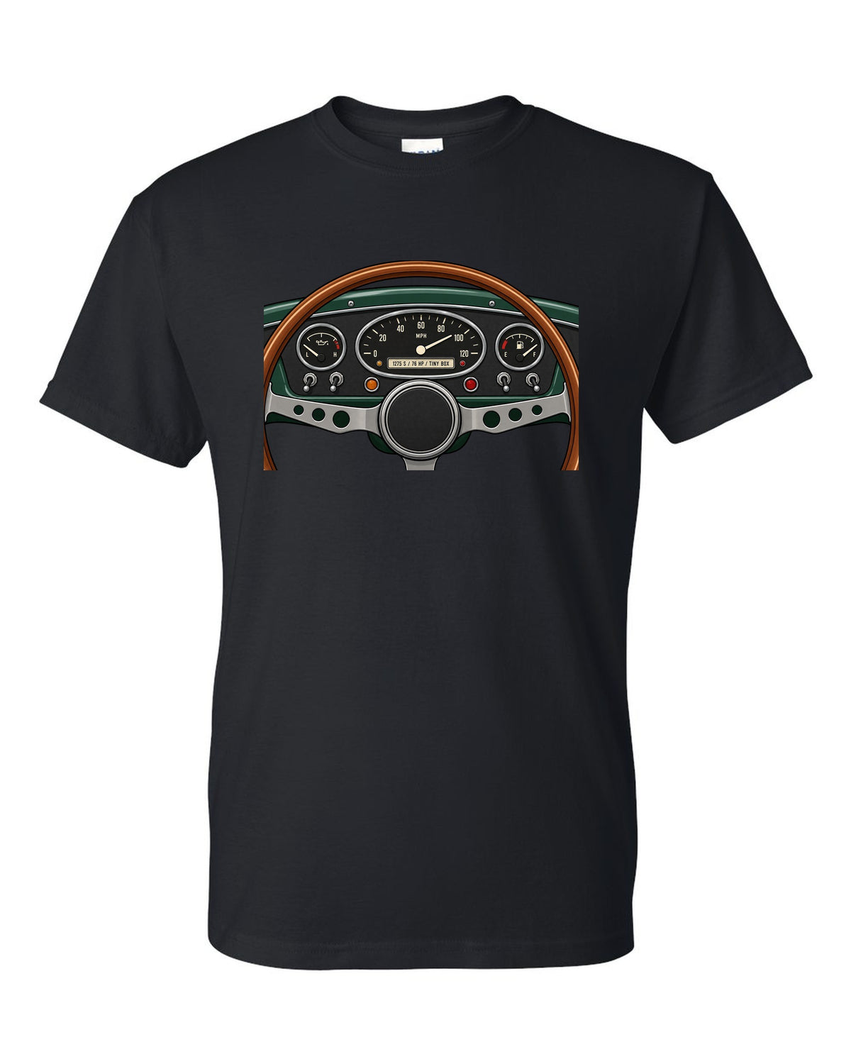 Gauge cluster readout for a classic Mini Cooper S with 1275 S and 76 HP black t-shirt front view with the design