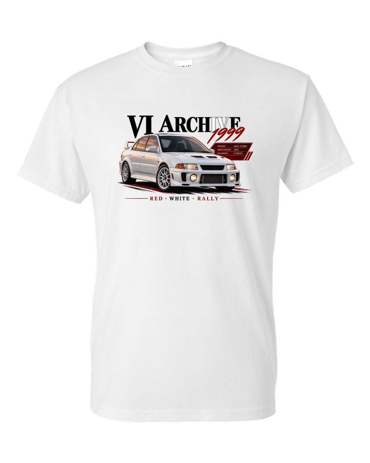 Archive panel print for the Mitsubishi Lancer Evolution VI CP9A listing 4G63 turbo, AWD, 5-speed, red white rally white t-shirt front view with the design