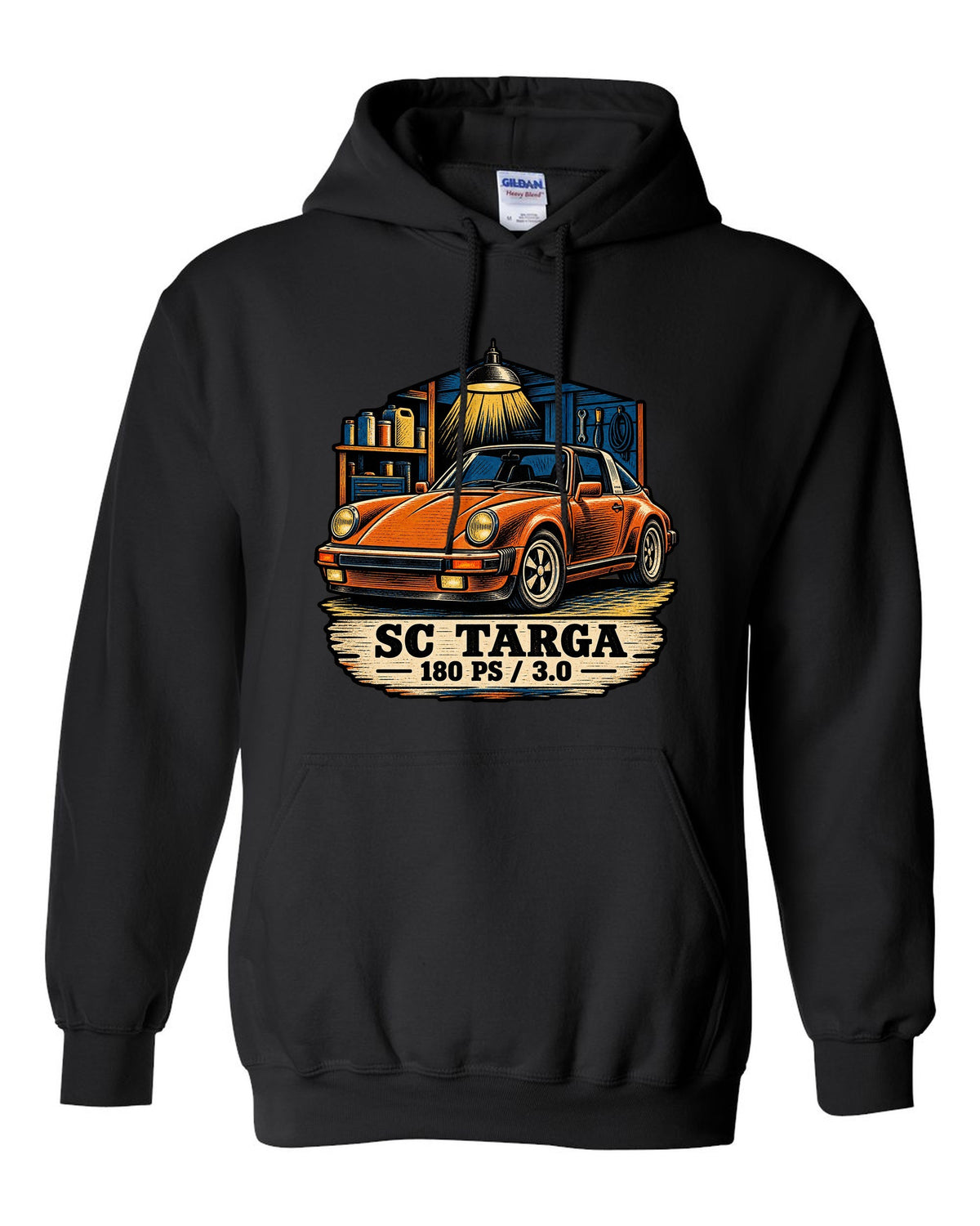 Blueprint line art print of a Porsche 356 A 1.6 L flat-four engine with the text 1600, 60 HP and fan on top black pull over hoodie front view with the design