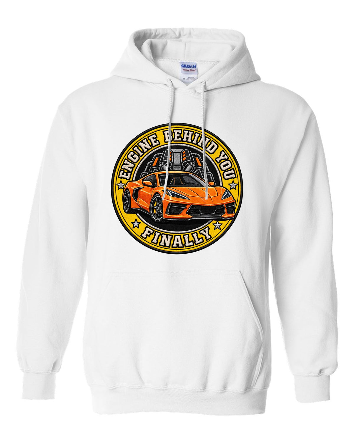 Varsity shield crest print of a 2020 Chevrolet Corvette C8 Stingray with engine behind you finally lettering white pull over hoodie front view with the design