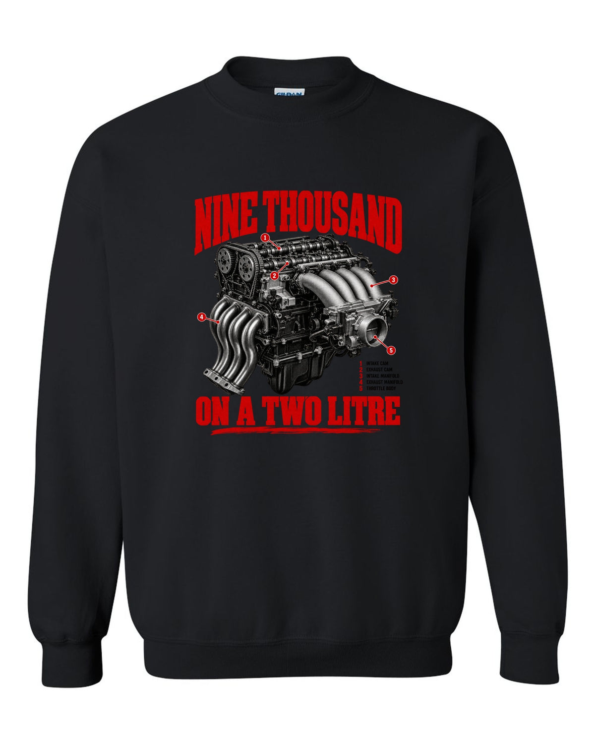 Honda S2000 AP1 roadster engine hero design with nine thousand on a two litre text black crewneck front view with the design