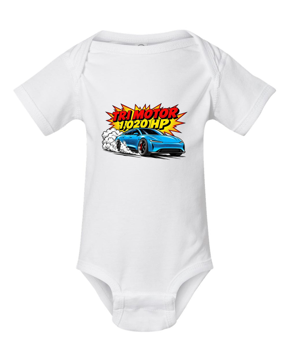 Comic halftone pop-art of a 2021 Tesla Model S Plaid with the words Tri Motor 1,020 HP white baby onesie front view with the design