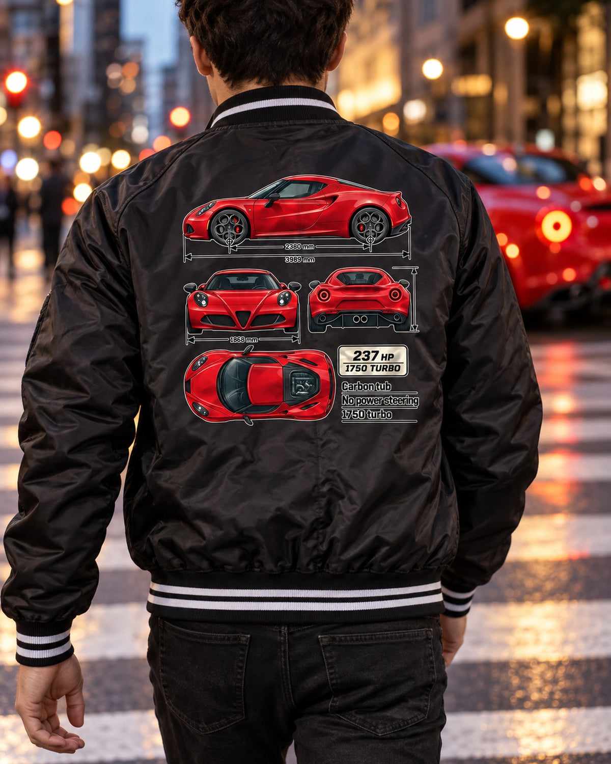 Alfa Romeo 4C Coupe Dimension Blueprint Shirt, Car Guy Gift Bomber Jacket Black worn hero