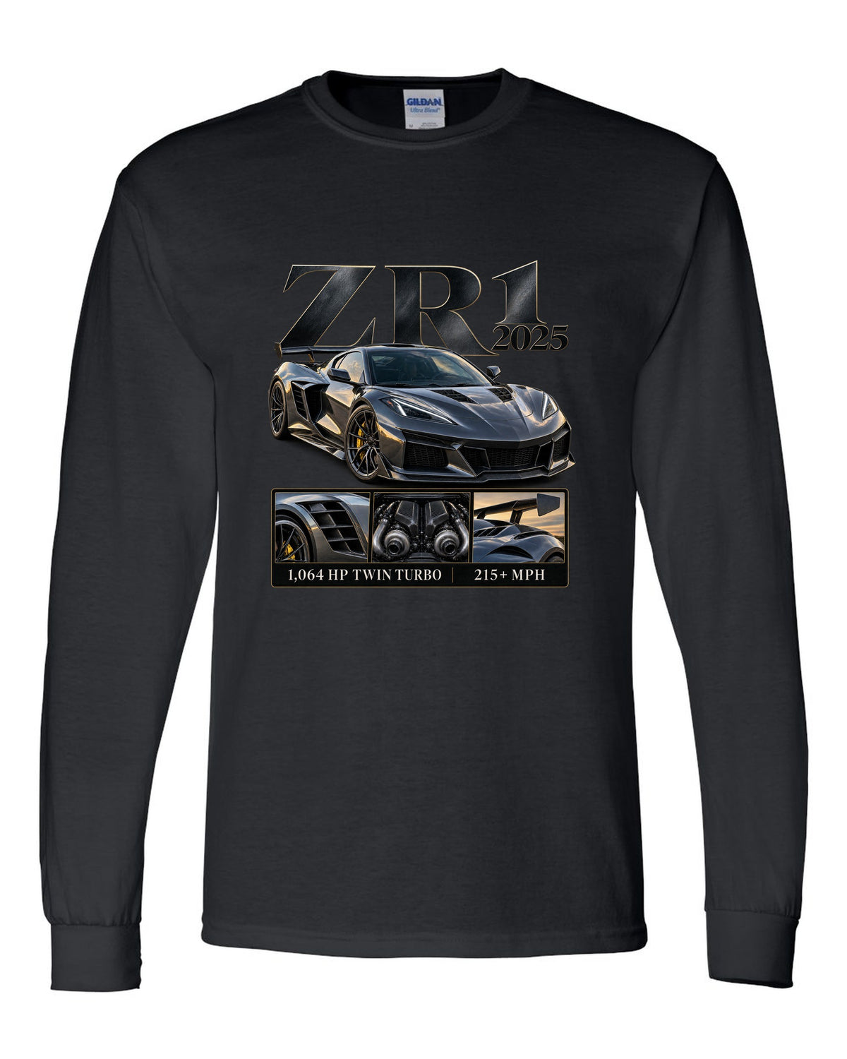 Corvette C8 ZR1 2025 with large fender vents, archive panel black long sleeve front view with the design