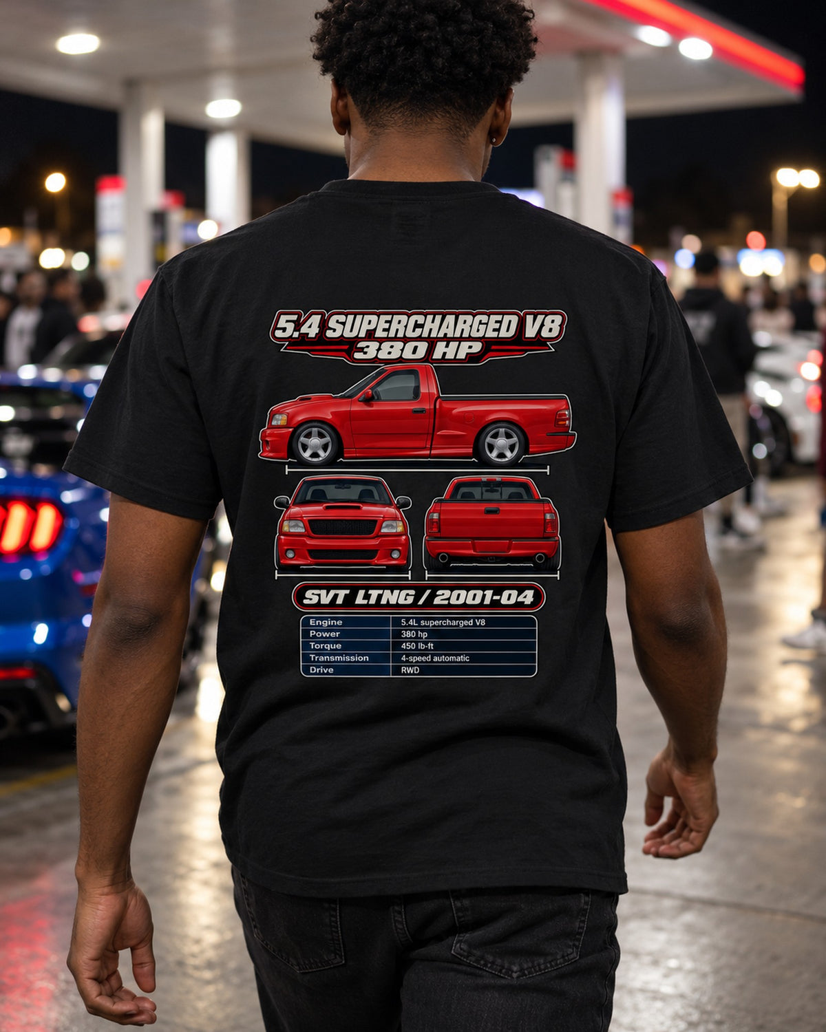 Ford F 150 SVT Lightning Spec Sheet Full-Back Graphic Tee T-Shirt Black worn hero