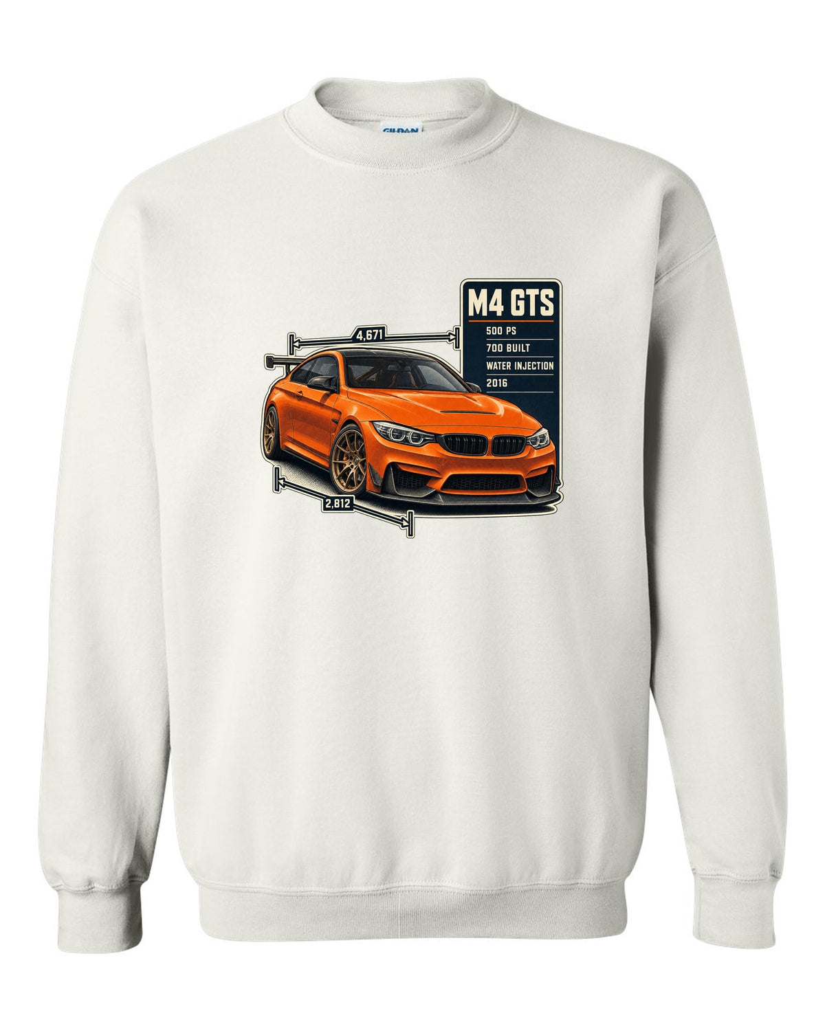 BMW M4 GTS F82 spec poster print design white crewneck front view with the design