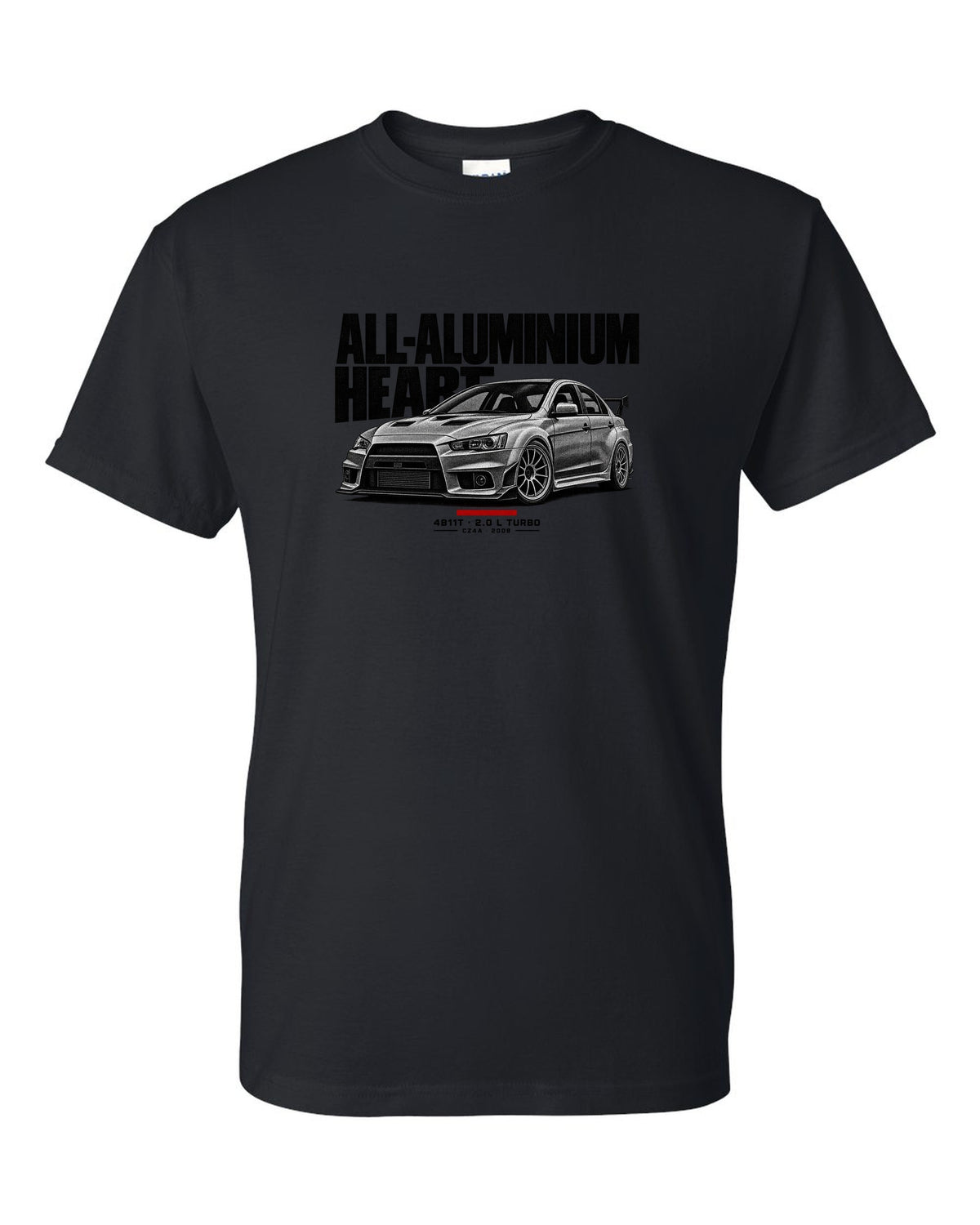Halftone Mitsubishi Lancer Evolution X CZ4A with all-aluminium 4B11T text black t-shirt front view with the design